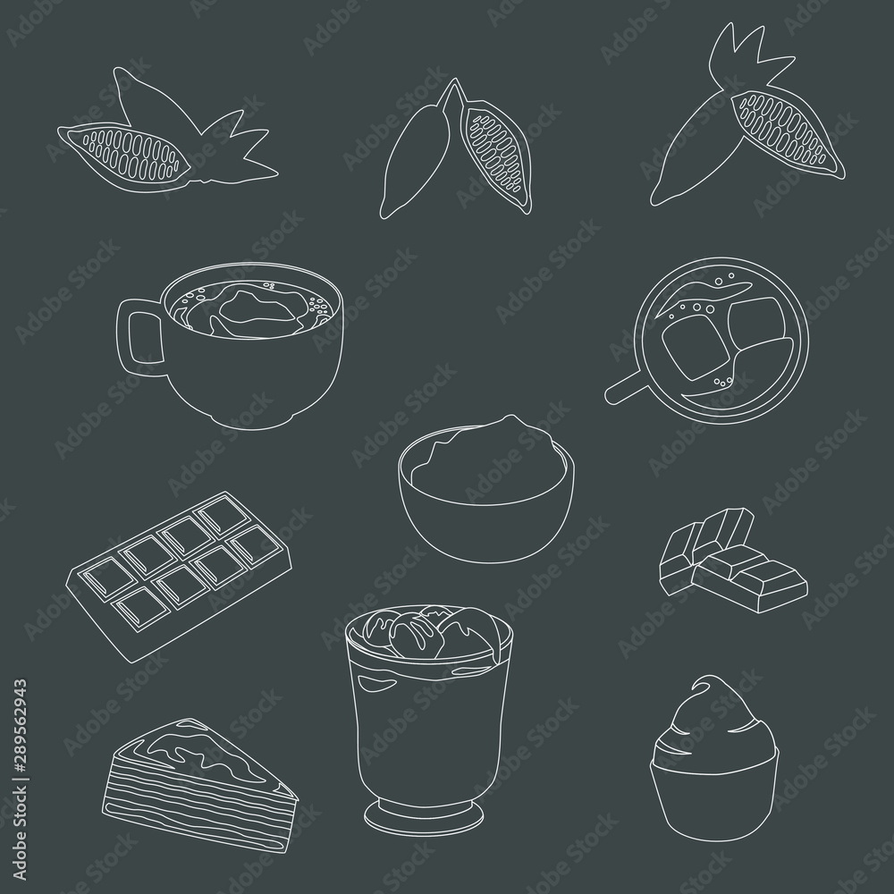 Chocolate and cocoa elements, isolated vector set, cartoon style design.