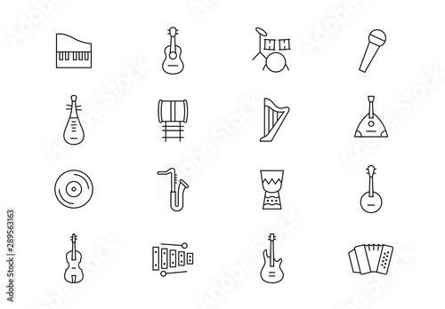 Musical instruments thin line vector icons