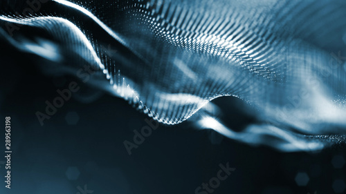 3d rendering background of glowing particles that form curved lines and 3d surfaces, grid with depth of field, bokeh. Microworld or sci-fi theme. Dark blue strings