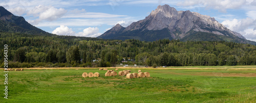 Bales of Hay in a farm field with Canadian Rocky Mountains in the Background during a vibrant sunny summer day. Taken in Kootenay near Fernie, British Columbia, Canada. photo