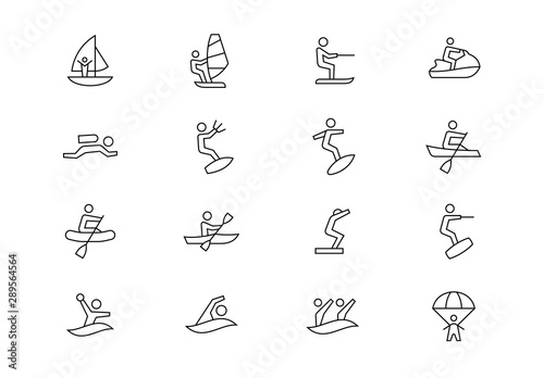 Water sports thin line vector icons. Editable stroke