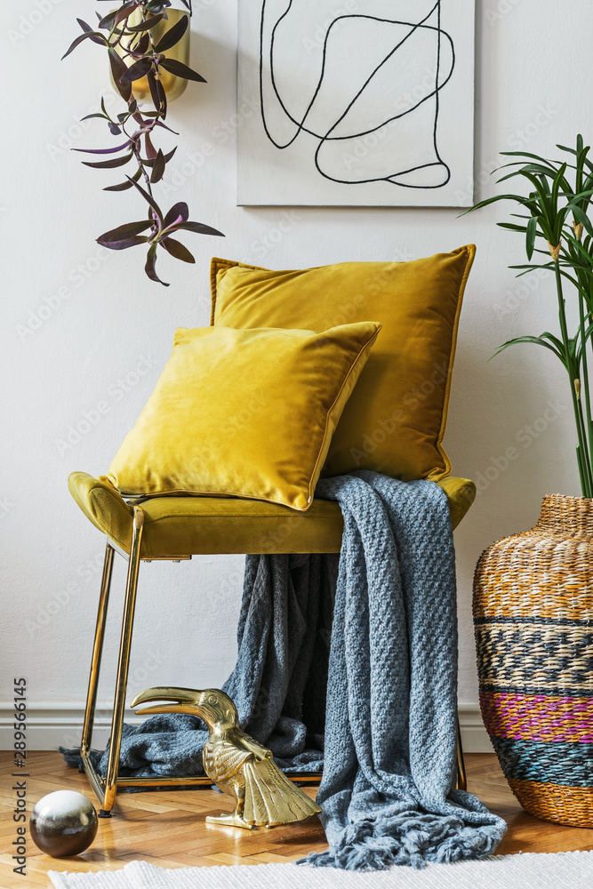 Stylish and luxury living room of apartment with gold bench, velur pillows,  etno vase with flowers, sculpture and elegant personal accessoreis. Modern  home decor. Interior design. Template. Stock Photo | Adobe Stock