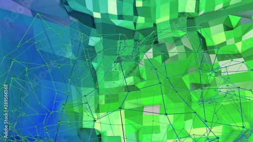 3d rendering of low poly background with 3d objects and modern gradient colors blue green.