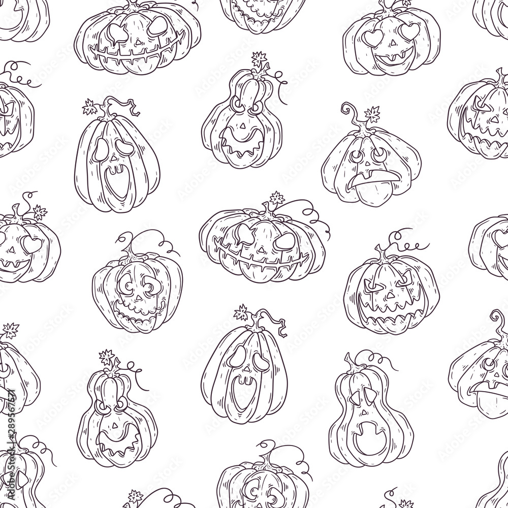Hand drawn vector pattern with Halloween pumpkins. Hand drawn vector pattern with Halloween pumpkins.
