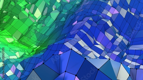 3d rendering of low poly background with 3d objects and modern gradient colors blue green.