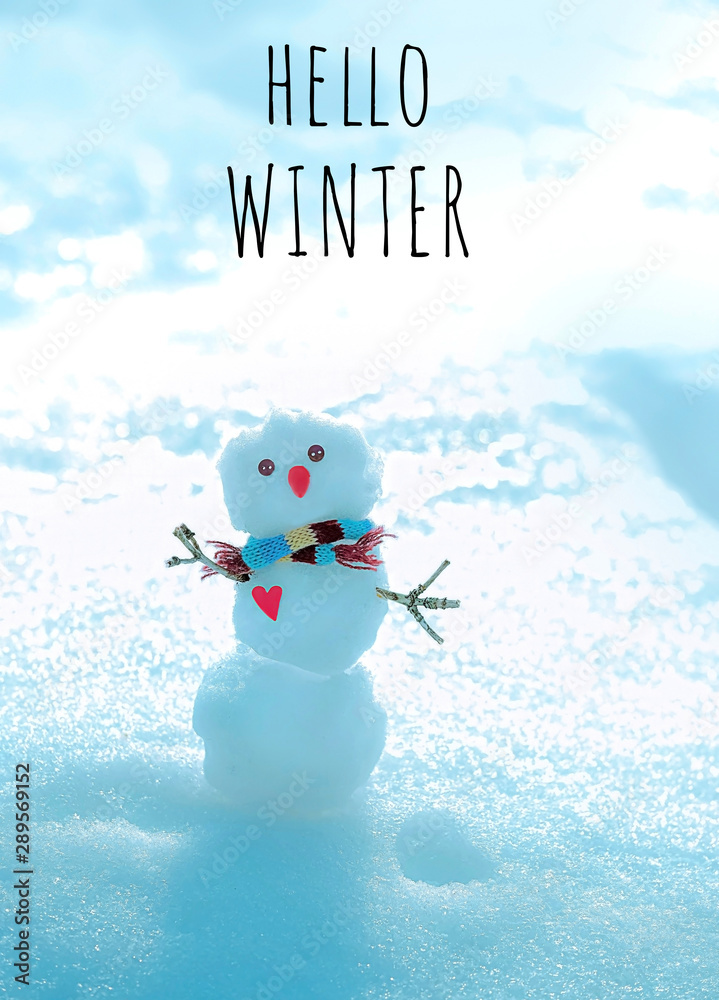 Hello Winter. cute snowman on winter background. Holiday winter season.  creative idea for season greeting Merry Christmas or Happy New Year. soft  focus Stock Photo