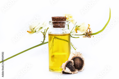 Moringa oleifera oil with seeds and leawes. Isolated on white background. photo