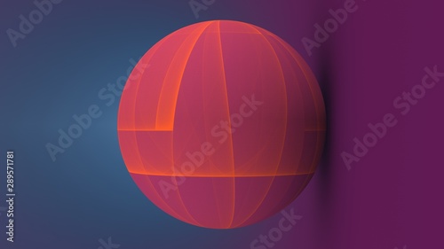 sphère 3D dotée d'une texture colorée géométrique abstraite posée en pleine lumière sur une forme touchant le lointain.