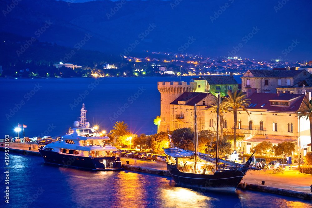 Town of Korcula yachting harbor evening view