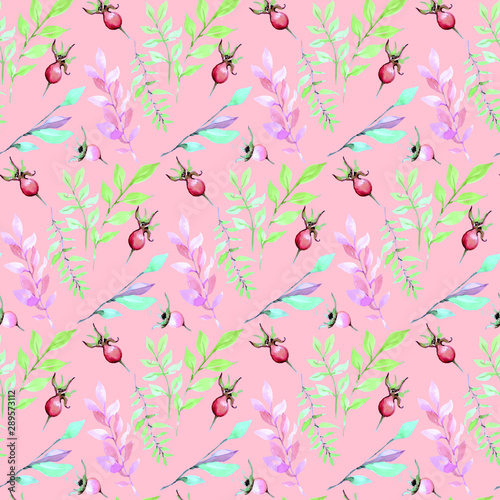 Dog-rose fruit and branches winter tiny seamless pattern