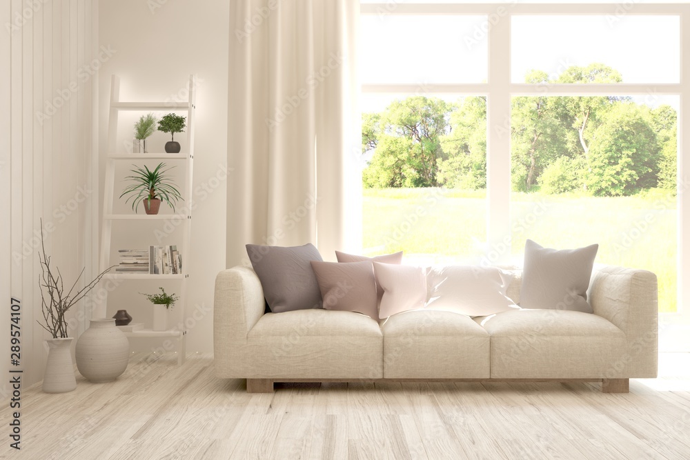 Stylish room in white color with sofa and summer landscape in window. Scandinavian interior design. 3D illustration Stylish room in white color with sofa and summer landscape in window. Scandinavian interior design. 3D illustration
