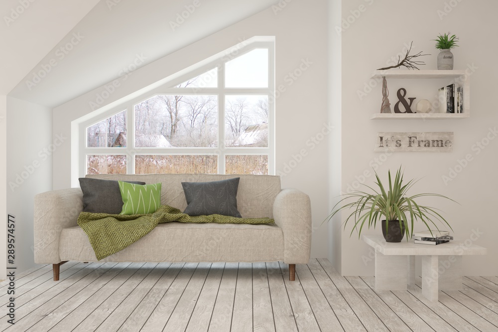 Stylish room in white color with sofa and winter landscape in window. Scandinavian interior design. 3D illustration Stylish room in white color with sofa and winter landscape in window. Scandinavian interior design. 3D illustration