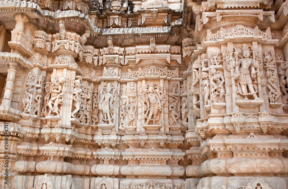 Bas-relief of famous Neminath Jain temple in Ranakpur, Rajasthan state of India