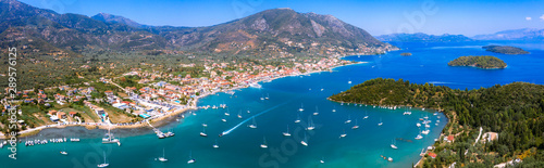 Aerial drone bird's eye view photo of iconic port of Nidri or Nydri, Leflkada island, Ionian, Greece