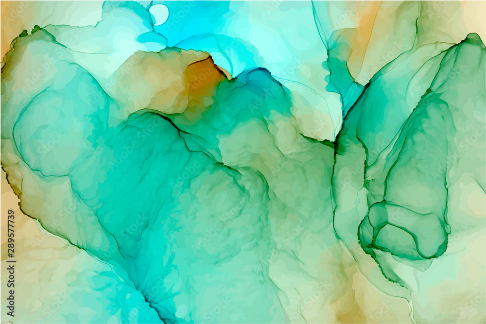 Turquoise and yellow watercolor vector texture. Alcohol ink art ...