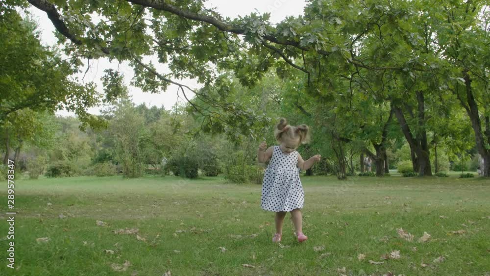 Baby girl running through the grass in garden in sunset sunlight. Slow motion. Happy smiling baby girl. Baby girl running through the grass in garden in sunset sunlight. Slow motion. Happy smiling baby girl.