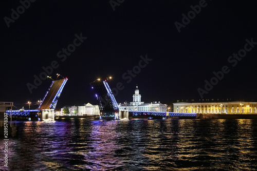 Drawbridge across the Neva River at night. Illuminated Palace Bridge raising. Cityscape with Kunstkamera building. Ripples, colorful reflection of night lights (Saint Petersburg, Russia) © mikeosphoto