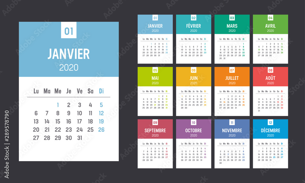 Vecteur Stock Calendrier Agenda 2020 couleur. Une page par mois. | Adobe  Stock