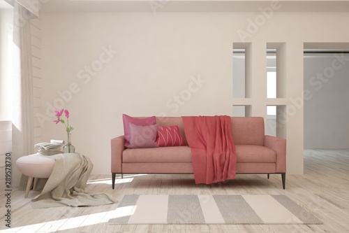 Stylish room in white color with sofa. Scandinavian interior design. 3D illustration