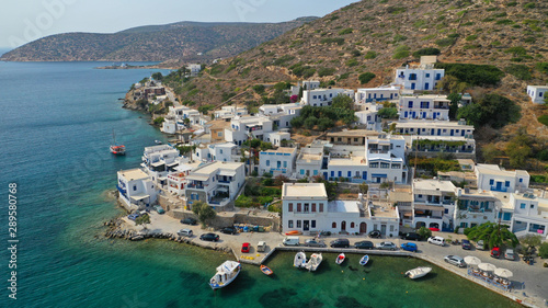 Aerial drone photo of iconic port and picturesque village of Katapola in island of Amorgos, Cyclades, Greece