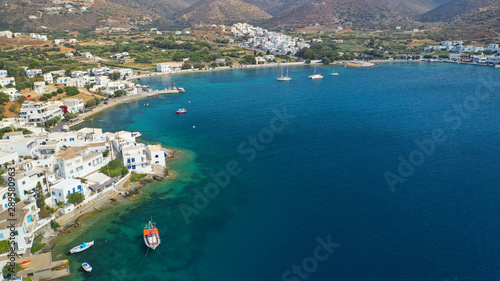 Aerial drone photo of iconic port and picturesque village of Katapola in island of Amorgos, Cyclades, Greece © aerial-drone