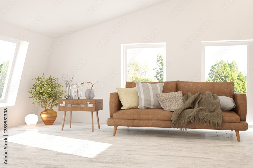 Fototapeta premium Stylish room in white color with sofa. Scandinavian interior design. 3D illustration