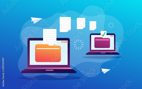 File Transfer. Files transferred Encrypted Form. Program for Remote Connection between two Computers. Full access to Remote Files and Folders.  Flat style. Vector illustration