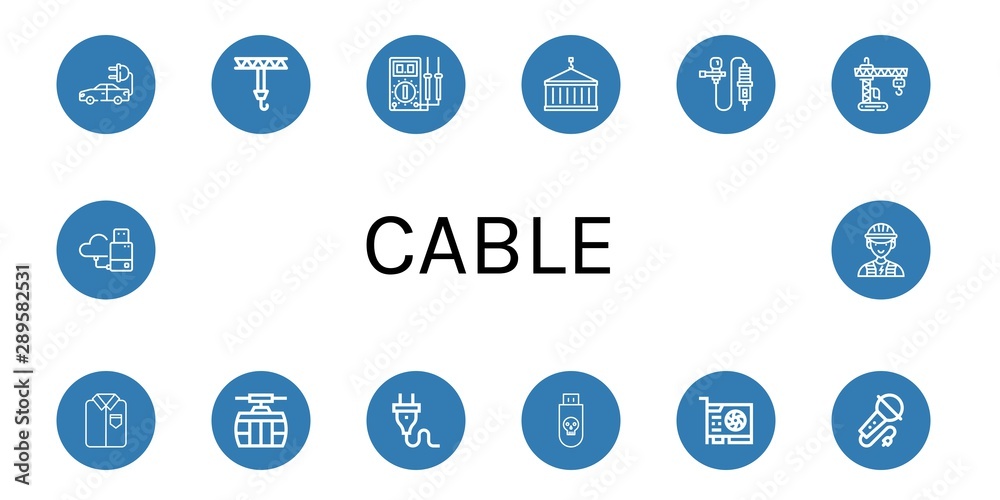 Set of cable icons such as Electric car, Crane, Multimeter, Lavalier, Ironed, Cable car, Plug, Usb, Video card, Karaoke, Flash drive, Electrician , cable