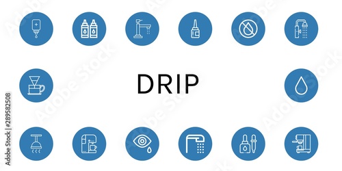 Set of drip icons such as Intravenous saline drip, Ink, Faucet, Eye drops, Shower, Coffee machine, Tear, Eyedropper, Coffee maker, Dripper, Blood drop , drip