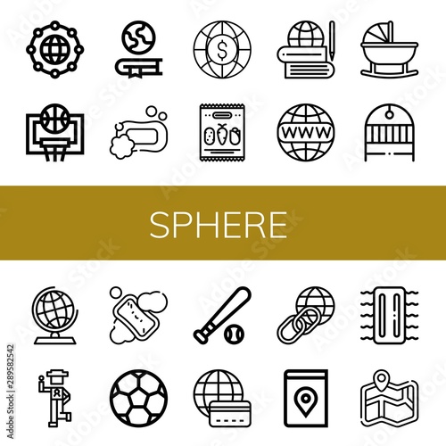 Set of sphere icons such as Worldwide, Basketball, Geography, Soap, World, Mix, Global, Cradle, Globe, Country, Soccer ball, Baseball ball, Earth, Map, Inflatable , sphere