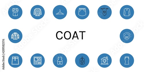 Set of coat icons such as Jumper, Jacket, Hanger, Skirt, Fleur de lis, Blouse, Wardrobe, Clothes, Shield , coat