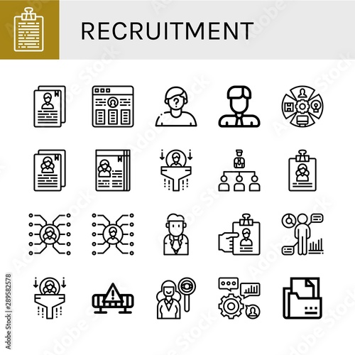 Set of recruitment icons such as Curriculum, Resume, Suspect, Businessman, Role, Human resources, Organization, Skill, Hr, Works, Headhunting, Skills , recruitment