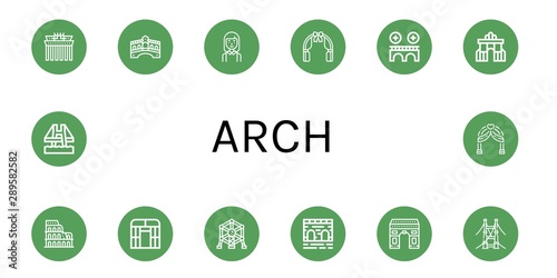 Set of arch icons such as Brandenburg gate, Rialto bridge, Bridesmaids, Wedding arch, Bridge, Rua augusta, Coliseum, Flat arch greenhouse, Atomium, ,
