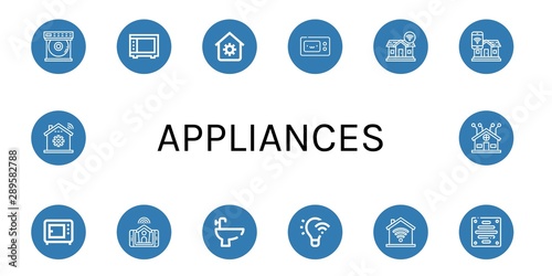 Set of appliances icons such as Dvd player, Microwave, House automation, Smart home, Bidet, Light control, Domotics, Extractor, Home automation , appliances