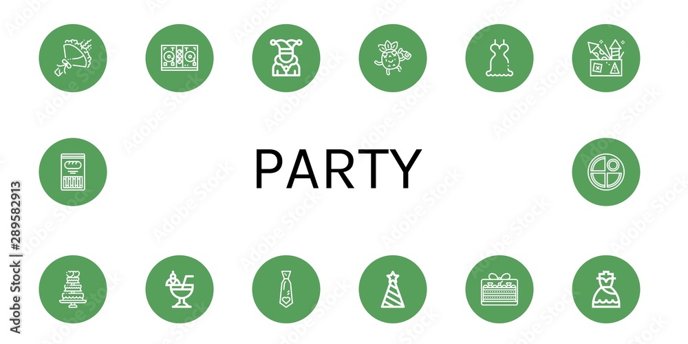 Set of party icons such as Bouquet, Disc jockey, Joker, Drunk, Dress, Fireworks, Wedding cake, Cocktail, Necktie, Party hat, Cake, Cracker, Pancake , party Set of party icons such as Bouquet, Disc jockey, Joker, Drunk, Dress, Fireworks, Wedding cake, Cocktail, Necktie, Party hat, Cake, Cracker, Pancake , party
