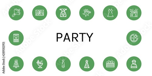 Set of party icons such as Bouquet, Disc jockey, Joker, Drunk, Dress, Fireworks, Wedding cake, Cocktail, Necktie, Party hat, Cake, Cracker, Pancake , party