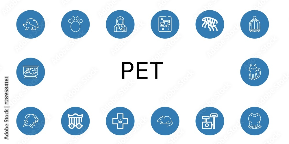 Set of pet icons such as Hedgehog, Animal, Veterinarian, Snake, Flea, Bird cage, Dog, Cage, Veterinary, Rat, Scratching post, Frog, Fish tank, Cat , pet