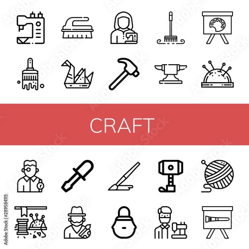 Set of craft icons such as Sewing machine, Paint brush, Brush, Origami, Tailor, Hammer, Anvil, Painting palette, Pin cushion, Watchmaker, Sewing, Chisel, Artist, Wicker basket , craft