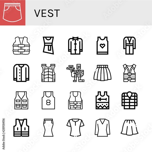 Set of vest icons such as Skirt, Life vest, Blouse, Coat, Tank top, Cardigan, Bulletproof vest, Paintball, Life jacket, Singlet, Anorak ,