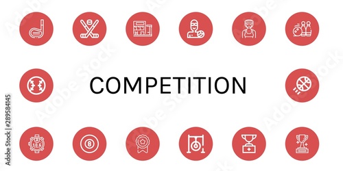Set of competition icons such as Golf stick, Hockey stick, Swimming pool, Waterpolo, Boxer, Bowling pins, Stopwatch, Billiard, Medal, Darts target, Trophy, Baseball , competition