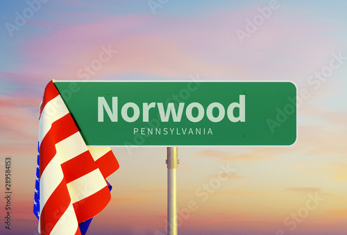 Norwood – Pennsylvania. Road or Town Sign. Flag of the united states. Sunset oder Sunrise Sky. 3d rendering