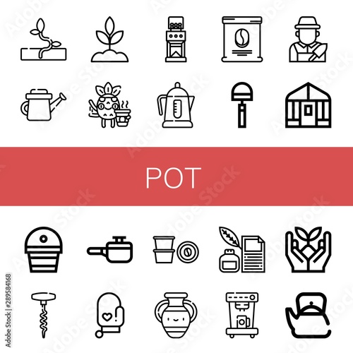 Set of pot icons such as Sprout, Watering can, Coffee, Coffee grinder, Electric kettle, Coffee bag, Hoe, Gardener, Greenhouse, Fertilizer, Corkscrew, Cooking pot, Oven mitt , pot