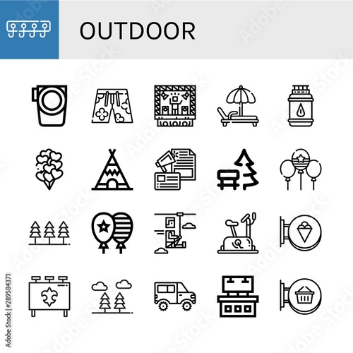 Set of outdoor icons such as Hooks, Paddle, Swimsuit, Stage, Deck chair, Gas bottle, Balloons, Teepee, Advertising, Bench, Balloon, Forest, Zip line, Stationary bike , outdoor