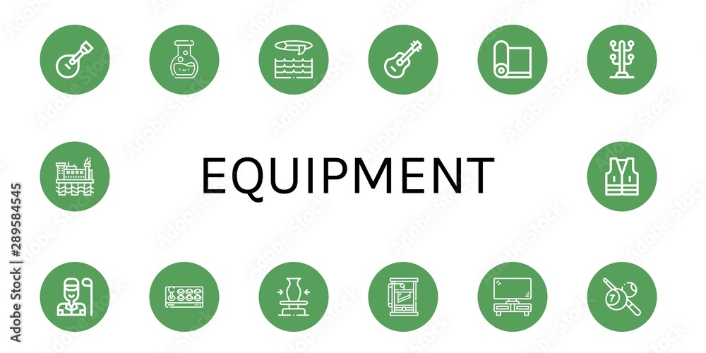 Set of equipment icons such as Guitar, Chemistry, Surf, Yoga mat, Coat stand, Golfer, Joystick, Ceramic, Guillotine, Tv set, Billiard, Oil rig, Vest , equipment Set of equipment icons such as Guitar, Chemistry, Surf, Yoga mat, Coat stand, Golfer, Joystick, Ceramic, Guillotine, Tv set, Billiard, Oil rig, Vest , equipment