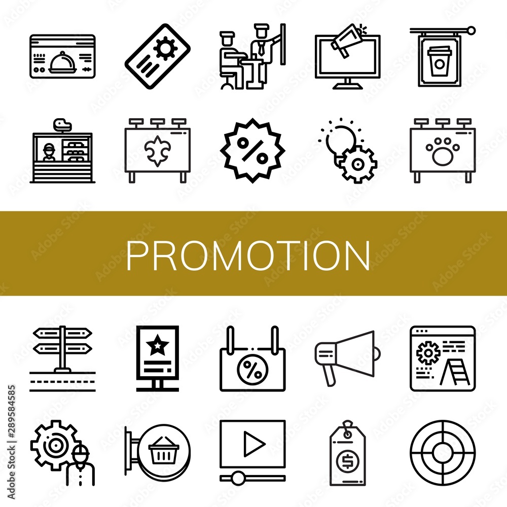 Set of promotion icons such as Loyalty card, Stand, Coupon, Billboard, Development, Discount, Ads, Signboard, Video marketing, Promotion, Price tag, Seo , promotion