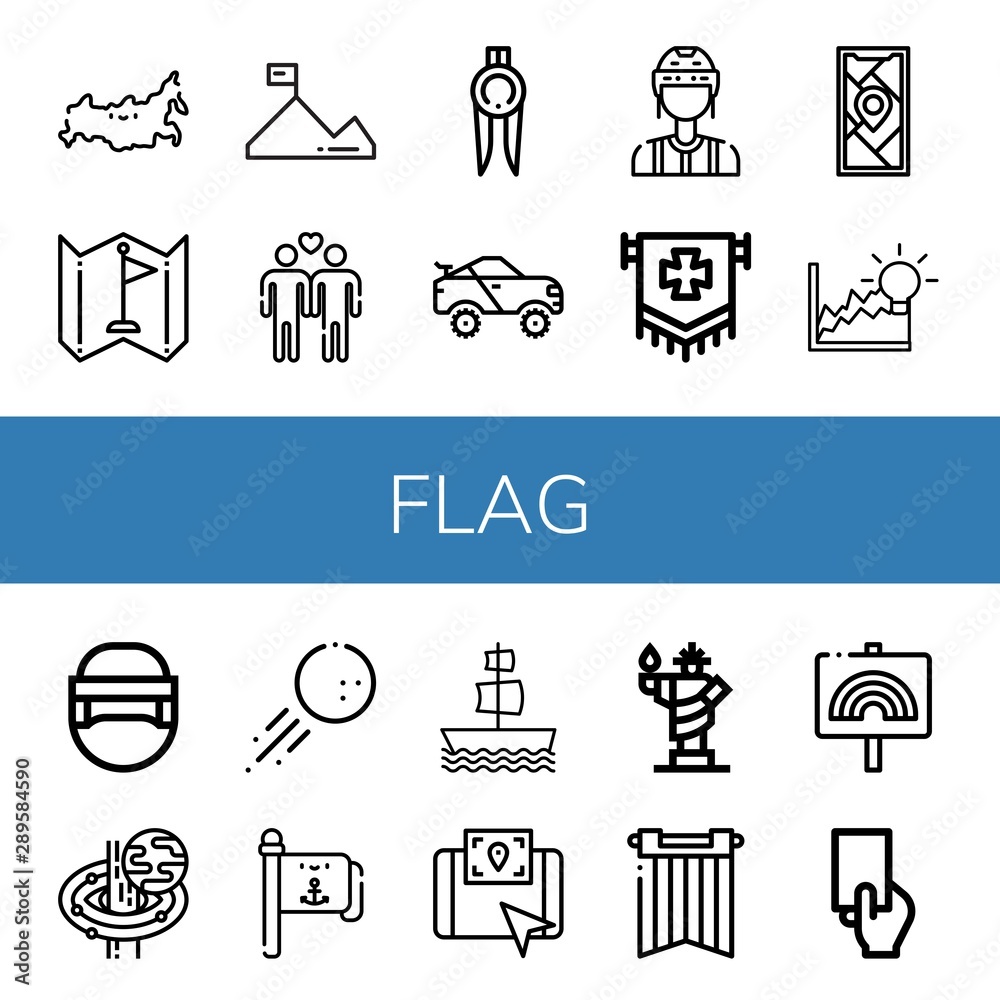 Fototapeta premium Set of flag icons such as Russia, Flag, Mission, Gay, Marker, Racing car, Referee, Gps, Achievement, Hockey helmet, Black hole, Golf ball, Flag pole, Galleon, Statue of liberty ,