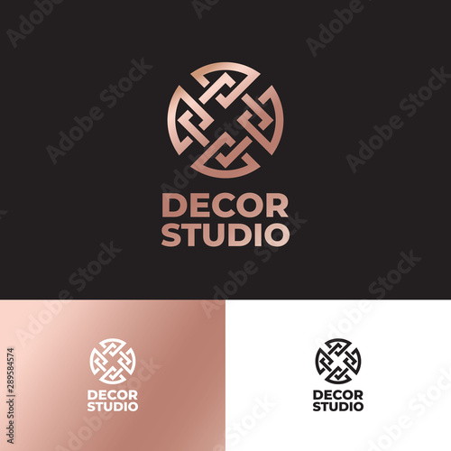 Logo of decor and design bureau. Crossed lines like geometry ornament. Premium business emblem. Folk ornament.