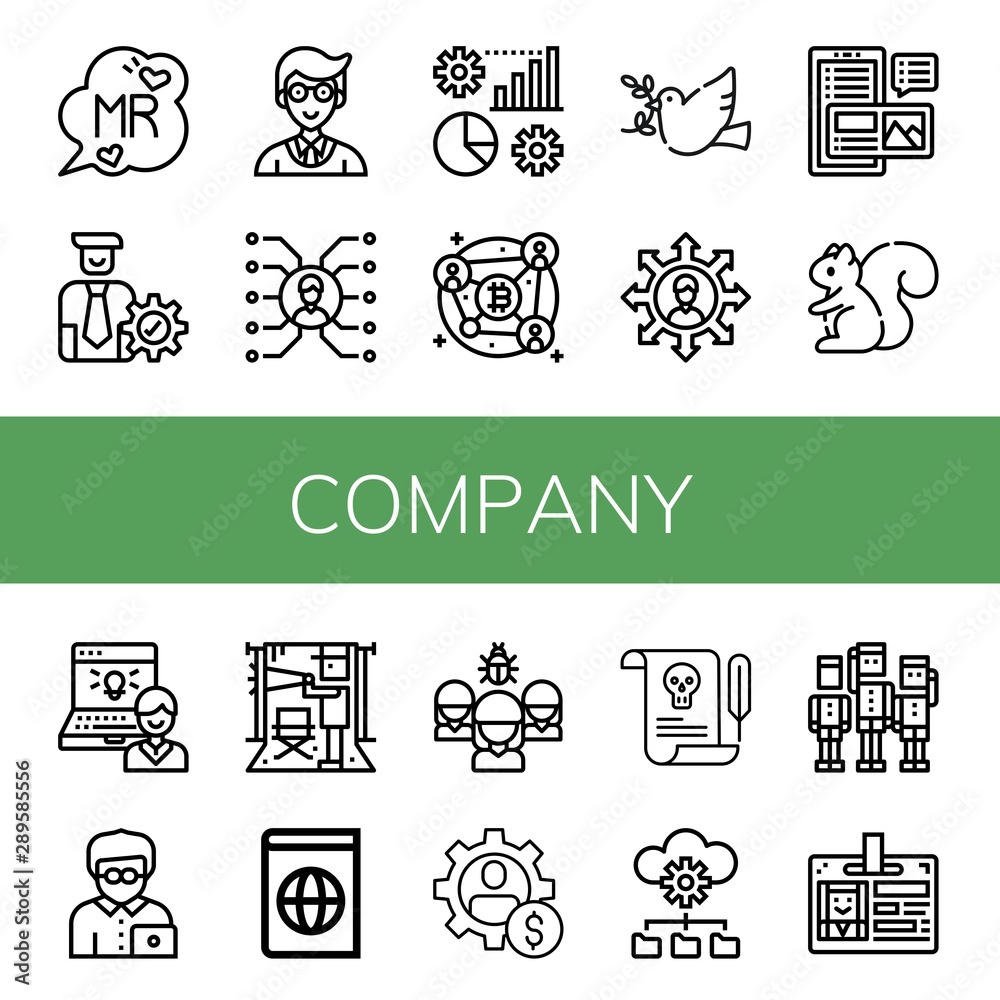 Set of company icons such as Mr, Manager, Skill, Management, Blockchain, Dove, Team, Blog, Squirrel, Administrator, Office worker, Director, Atlas, Organization, Letter , company