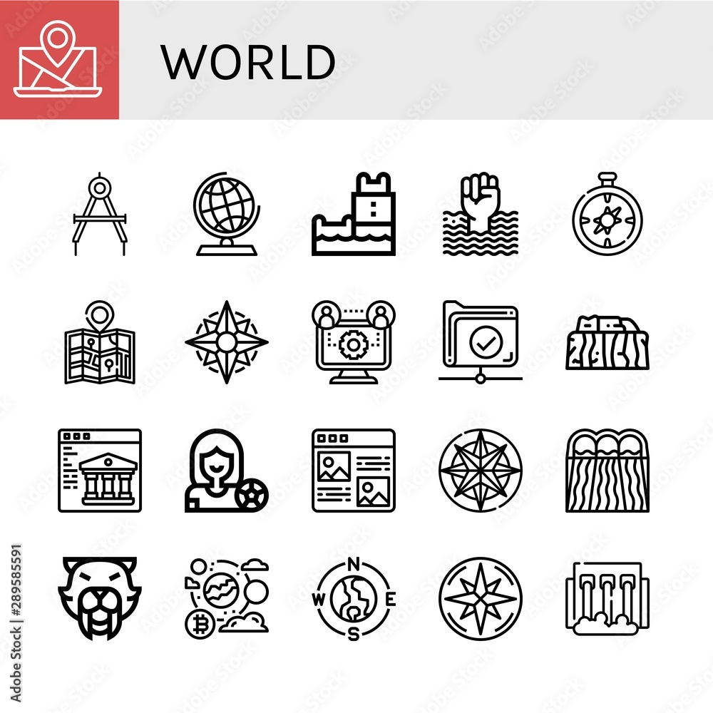 Set of world icons such as Map, Compass, Globe, Belem tower, World ...