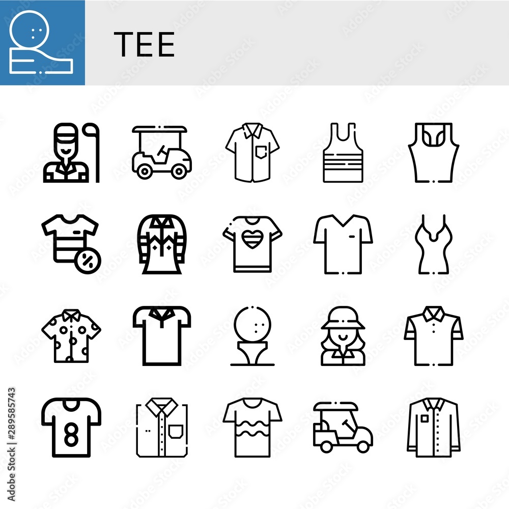 Set of tee icons such as Golf ball, Golfer, Golf cart, Shirt, Sleeveless shirt, Tshirt, Polo shirt, T , tee Set of tee icons such as Golf ball, Golfer, Golf cart, Shirt, Sleeveless shirt, Tshirt, Polo shirt, T , tee
